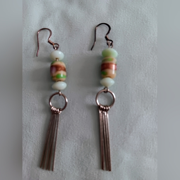 Handmade~Metallic Tan Pale Blue Beaded Silver Dangle Earrings NWOT - Picture 2 of 11